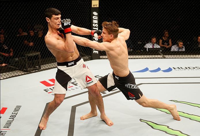 ZAGREB, CROATIA - APRIL 10:   (R-L) Bojan Velickovic punches Alessio Di Chirico  in their middleweight bout during the UFC Fight Night event at the Arena Zagreb on April 10, 2016 in Zagreb, Croatia. (Photo by Srdjan Stevanovic/Zuffa LLC/Zuffa LLC via Gett