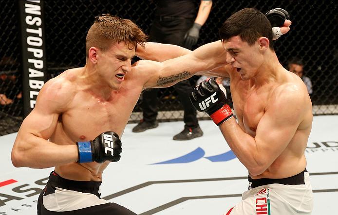 ZAGREB, CROATIA - APRIL 10:   (R-L) Alessio Di Chirico exchanges punches with Bojan Velickovic in their middleweight bout during the UFC Fight Night event at the Arena Zagreb on April 10, 2016 in Zagreb, Croatia. (Photo by Srdjan Stevanovic/Zuffa LLC/Zuff