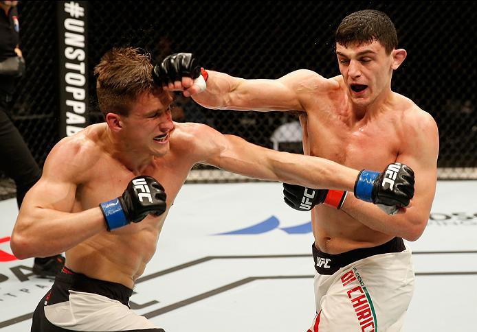 ZAGREB, CROATIA - APRIL 10:   (R-L) Alessio Di Chirico exchanges punches with Bojan Velickovic in their middleweight bout during the UFC Fight Night event at the Arena Zagreb on April 10, 2016 in Zagreb, Croatia. (Photo by Srdjan Stevanovic/Zuffa LLC/Zuff