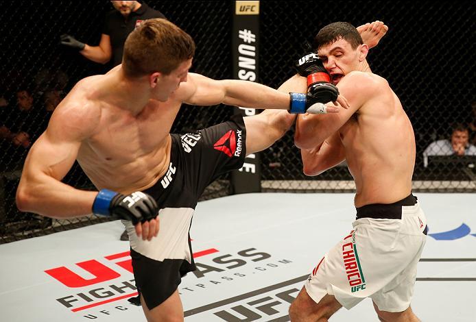 ZAGREB, CROATIA - APRIL 10:   (L-R) Bojan Velickovic kicks Alessio Di Chirico  in their middleweight bout during the UFC Fight Night event at the Arena Zagreb on April 10, 2016 in Zagreb, Croatia. (Photo by Srdjan Stevanovic/Zuffa LLC/Zuffa LLC via Getty 