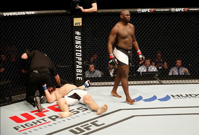 ZAGREB, CROATIA - APRIL 10:   (R-L) Jared Cannonier knocks outs Cyril Asker in the first round in their heavyweight bout during the UFC Fight Night event at the Arena Zagreb on April 10, 2016 in Zagreb, Croatia. (Photo by Srdjan Stevanovic/Zuffa LLC/Zuffa