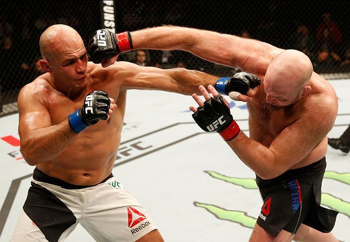 ZAGREB, CROATIA - APRIL 10:   (L-R) Junior Dos Santos punches Ben Rothwell in their heavyweight bout during the UFC Fight Night event at the Arena Zagreb on April 10, 2016 in Zagreb, Croatia. (Photo by Srdjan Stevanovic/Zuffa LLC/Zuffa LLC via Getty Image