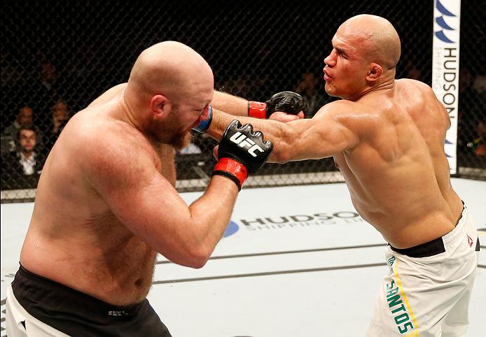 ZAGREB, CROATIA - APRIL 10:   (R-L) Junior Dos Santos punches Ben Rothwell in their heavyweight bout during the UFC Fight Night event at the Arena Zagreb on April 10, 2016 in Zagreb, Croatia. (Photo by Srdjan Stevanovic/Zuffa LLC/Zuffa LLC via Getty Image