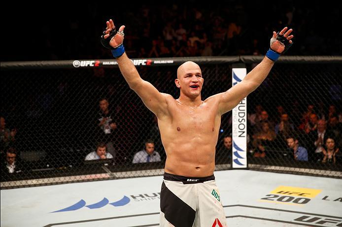 ZAGREB, CROATIA - APRIL 10:   Junior Dos Santos celebrates his victory over Ben Rothwell in their heavyweight bout during the UFC Fight Night event at the Arena Zagreb on April 10, 2016 in Zagreb, Croatia. (Photo by Srdjan Stevanovic/Zuffa LLC/Zuffa LLC v