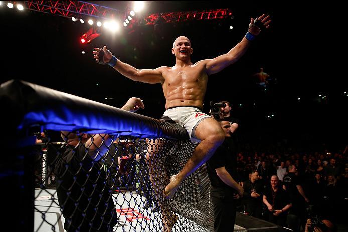 ZAGREB, CROATIA - APRIL 10:   Junior Dos Santos celebrates his victory over Ben Rothwell in their heavyweight bout during the UFC Fight Night event at the Arena Zagreb on April 10, 2016 in Zagreb, Croatia. (Photo by Srdjan Stevanovic/Zuffa LLC/Zuffa LLC v