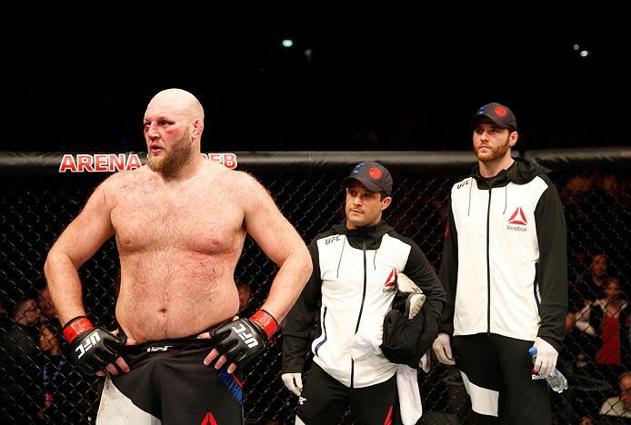 ZAGREB, CROATIA - APRIL 10:   Ben Rothwell reacts to his loss to Junior Dos Santos in their heavyweight bout during the UFC Fight Night event at the Arena Zagreb on April 10, 2016 in Zagreb, Croatia. (Photo by Srdjan Stevanovic/Zuffa LLC/Zuffa LLC via Get