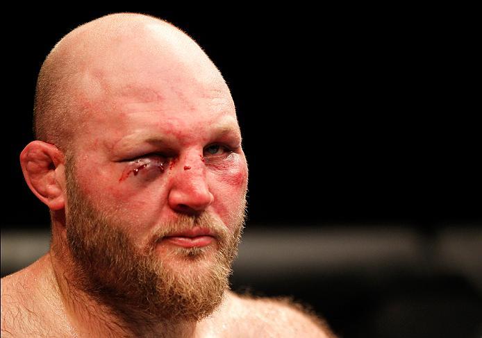 ZAGREB, CROATIA - APRIL 10:   Ben Rothwell reacts to his loss to Junior Dos Santos in their heavyweight bout during the UFC Fight Night event at the Arena Zagreb on April 10, 2016 in Zagreb, Croatia. (Photo by Srdjan Stevanovic/Zuffa LLC/Zuffa LLC via Get