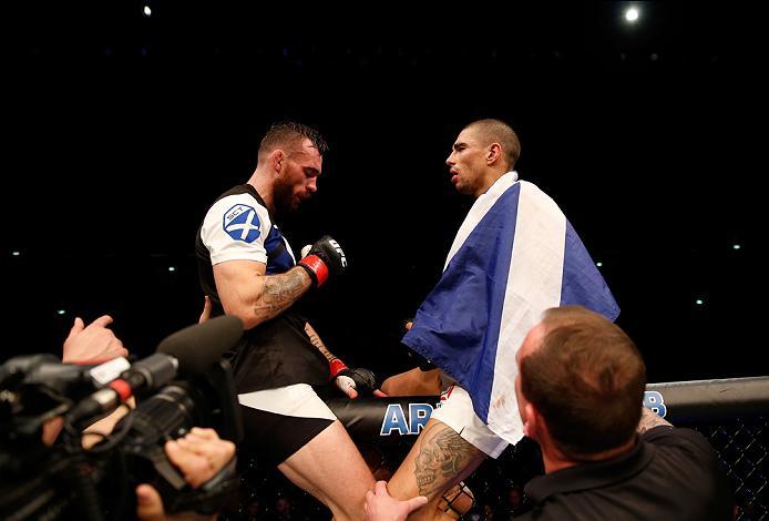 ZAGREB, CROATIA - APRIL 10:   (R-L) Lucas Martins and Rob Whiteford show each other respect after their featherweight bout during the UFC Fight Night event at the Arena Zagreb on April 10, 2016 in Zagreb, Croatia. (Photo by Srdjan Stevanovic/Zuffa LLC/Zuf
