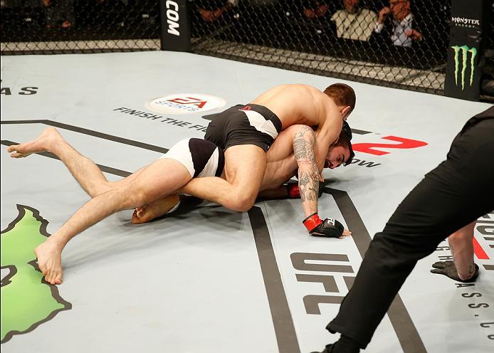 ZAGREB, CROATIA - APRIL 10:   Damian Stasiakin (top) attempts to submit Filip Pejic in their bantamweight bout during the UFC Fight Night event at the Arena Zagreb on April 10, 2016 in Zagreb, Croatia. (Photo by Srdjan Stevanovic/Zuffa LLC/Zuffa LLC via G