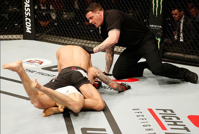 ZAGREB, CROATIA - APRIL 10:   Damian Stasiakin (top) submits Filip Pejic in their bantamweight bout during the UFC Fight Night event at the Arena Zagreb on April 10, 2016 in Zagreb, Croatia. (Photo by Srdjan Stevanovic/Zuffa LLC/Zuffa LLC via Getty Images