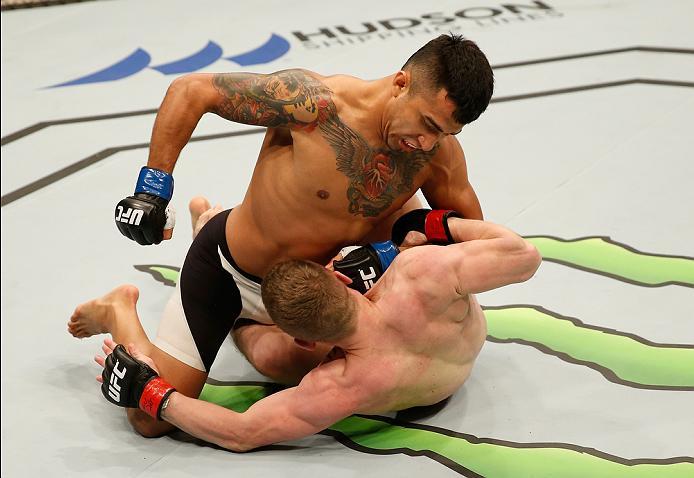 ZAGREB, CROATIA - APRIL 10:   Alejandro Perez (top) punches Ian Entwistle in their bantamweight bout during the UFC Fight Night event at the Arena Zagreb on April 10, 2016 in Zagreb, Croatia. (Photo by Srdjan Stevanovic/Zuffa LLC/Zuffa LLC via Getty Image
