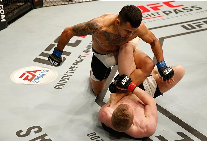 ZAGREB, CROATIA - APRIL 10:   Alejandro Perez (top) punches Ian Entwistle in their bantamweight bout during the UFC Fight Night event at the Arena Zagreb on April 10, 2016 in Zagreb, Croatia. (Photo by Srdjan Stevanovic/Zuffa LLC/Zuffa LLC via Getty Image