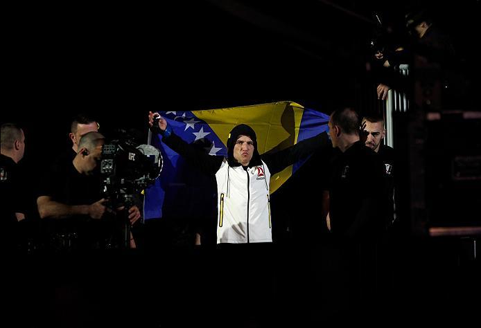 ZAGREB, CROATIA - APRIL 10:   Damir Hadzovic prepares to enter the Octagon before facing Mairbek Taisumov in their lightweight bout during the UFC Fight Night event at the Arena Zagreb on April 10, 2016 in Zagreb, Croatia. (Photo by Srdjan Stevanovic/Zuff