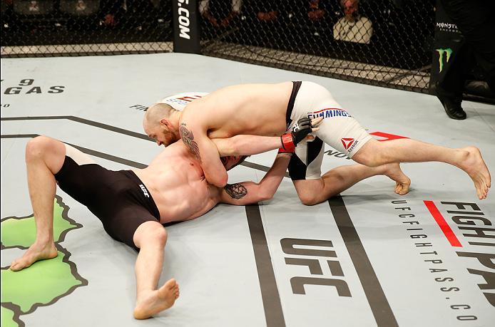 ZAGREB, CROATIA - APRIL 10:   (R-L) Zak Cummings atompts to submit Nicolas Dalby in their welterweight bout during the UFC Fight Night event at the Arena Zagreb on April 10, 2016 in Zagreb, Croatia. (Photo by Srdjan Stevanovic/Zuffa LLC/Zuffa LLC via Gett