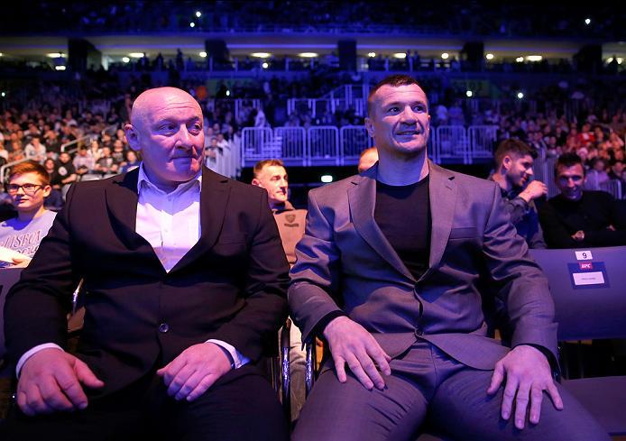 ZAGREB, CROATIA - APRIL 10:   Mirko Cro Cop (right) watches the fights during the UFC Fight Night event at the Arena Zagreb on April 10, 2016 in Zagreb, Croatia. (Photo by Srdjan Stevanovic/Zuffa LLC/Zuffa LLC via Getty Images)