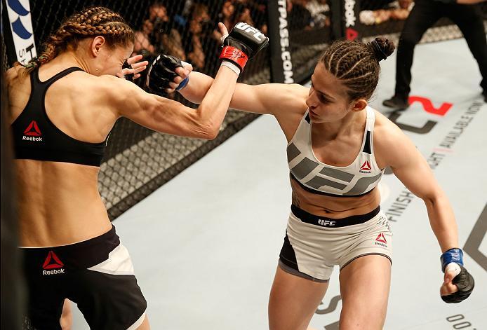 ZAGREB, CROATIA - APRIL 10:   (R-L) Cristina Stanciu punches Maryna Moroz in their strawweight bout during the UFC Fight Night event at the Arena Zagreb on April 10, 2016 in Zagreb, Croatia. (Photo by Srdjan Stevanovic/Zuffa LLC/Zuffa LLC via Getty Images