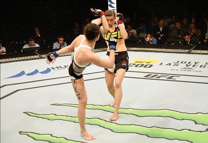 ZAGREB, CROATIA - APRIL 10:   (L-R) Cristina Stanciu kicks Maryna Moroz in their strawweight bout during the UFC Fight Night event at the Arena Zagreb on April 10, 2016 in Zagreb, Croatia. (Photo by Srdjan Stevanovic/Zuffa LLC/Zuffa LLC via Getty Images)