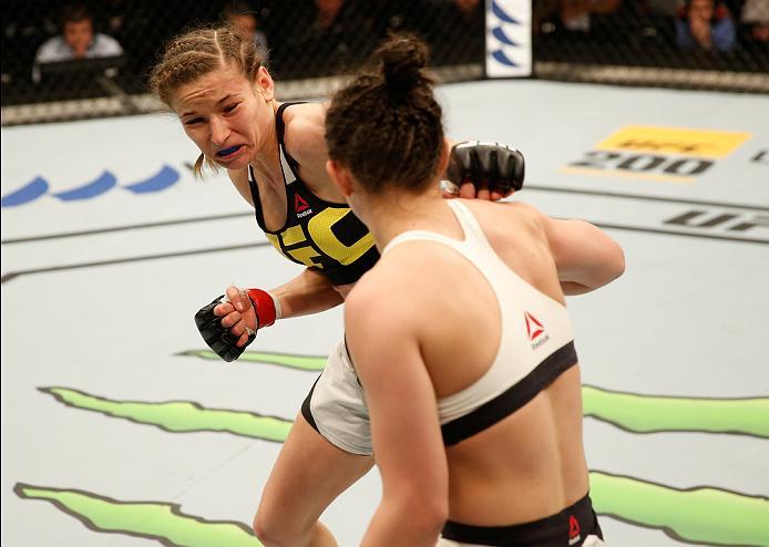 ZAGREB, CROATIA - APRIL 10:   (L-R) Maryna Moroz punches Cristina Stanciu in their strawweight bout during the UFC Fight Night event at the Arena Zagreb on April 10, 2016 in Zagreb, Croatia. (Photo by Srdjan Stevanovic/Zuffa LLC/Zuffa LLC via Getty Images