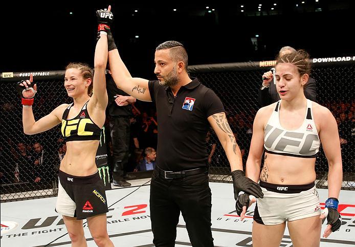 ZAGREB, CROATIA - APRIL 10:   (L-R) Maryna Moroz celebrates her victory over Cristina Stanciu in their strawweight bout during the UFC Fight Night event at the Arena Zagreb on April 10, 2016 in Zagreb, Croatia. (Photo by Srdjan Stevanovic/Zuffa LLC/Zuffa 