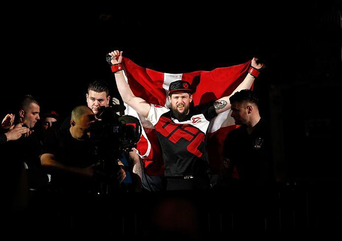 ZAGREB, CROATIA - APRIL 10:   Nicolas Dalby prepares to enter the Octagon before facing facing Zak Cummings in their welterweight bout during the UFC Fight Night event at the Arena Zagreb on April 10, 2016 in Zagreb, Croatia. (Photo by Srdjan Stevanovic/Z