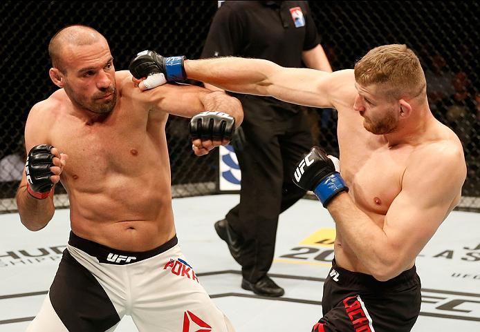 ZAGREB, CROATIA - APRIL 10:   (R-L) Jan Blachowicz punches Igor Pokrajac in their light heavyweight bout during the UFC Fight Night event at the Arena Zagreb on April 10, 2016 in Zagreb, Croatia. (Photo by Srdjan Stevanovic/Zuffa LLC/Zuffa LLC via Getty I