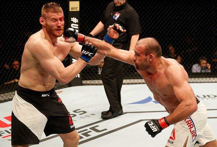 ZAGREB, CROATIA - APRIL 10:   (R-L) Igor Pokrajac  punches Jan Blachowicz in their light heavyweight bout during the UFC Fight Night event at the Arena Zagreb on April 10, 2016 in Zagreb, Croatia. (Photo by Srdjan Stevanovic/Zuffa LLC/Zuffa LLC via Getty 