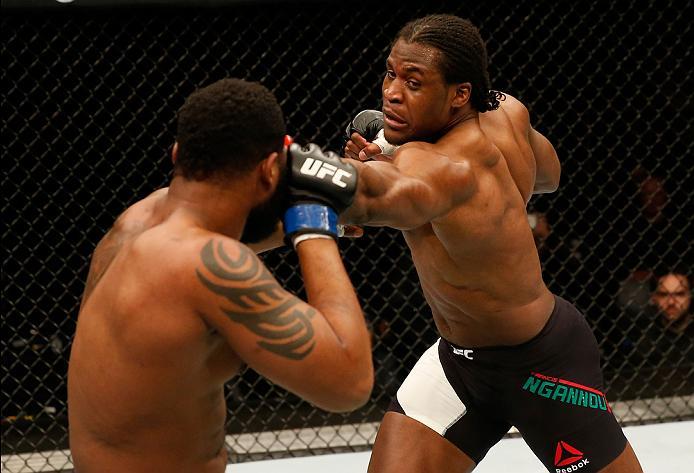 ZAGREB, CROATIA - APRIL 10:   (R-L) Francis Ngannou punches Curtis Blaydes in their heavyweight bout during the UFC Fight Night event at the Arena Zagreb on April 10, 2016 in Zagreb, Croatia. (Photo by Srdjan Stevanovic/Zuffa LLC/Zuffa LLC via Getty Image