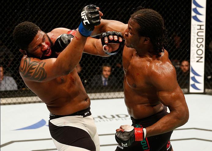 ZAGREB, CROATIA - APRIL 10:   (R-L) Francis Ngannou punches Curtis Blaydes in their heavyweight bout during the UFC Fight Night event at the Arena Zagreb on April 10, 2016 in Zagreb, Croatia. (Photo by Srdjan Stevanovic/Zuffa LLC/Zuffa LLC via Getty Image