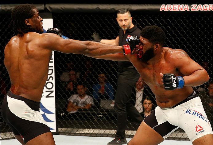 ZAGREB, CROATIA - APRIL 10:   (L-R) Francis Ngannou punches Curtis Blaydes in their heavyweight bout during the UFC Fight Night event at the Arena Zagreb on April 10, 2016 in Zagreb, Croatia. (Photo by Srdjan Stevanovic/Zuffa LLC/Zuffa LLC via Getty Image