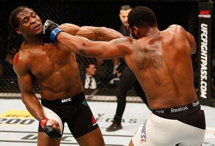 ZAGREB, CROATIA - APRIL 10:   (R-L) Curtis Blaydes punches Francis Ngannou in their heavyweight bout during the UFC Fight Night event at the Arena Zagreb on April 10, 2016 in Zagreb, Croatia. (Photo by Srdjan Stevanovic/Zuffa LLC/Zuffa LLC via Getty Image