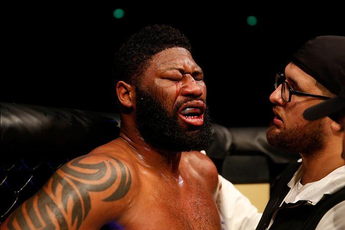 ZAGREB, CROATIA - APRIL 10:   Curtis Blaydes reacts to his doctor stoppage loss to Francis Ngannou in their heavyweight bout during the UFC Fight Night event at the Arena Zagreb on April 10, 2016 in Zagreb, Croatia. (Photo by Srdjan Stevanovic/Zuffa LLC/Z