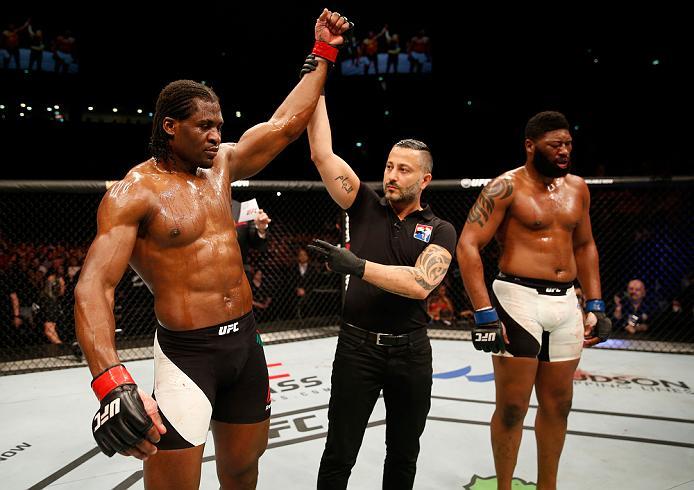 ZAGREB, CROATIA - APRIL 10:   (L-R) Francis Ngannou celebrates his victory over Curtis Blaydes in their heavyweight bout during the UFC Fight Night event at the Arena Zagreb on April 10, 2016 in Zagreb, Croatia. (Photo by Srdjan Stevanovic/Zuffa LLC/Zuffa