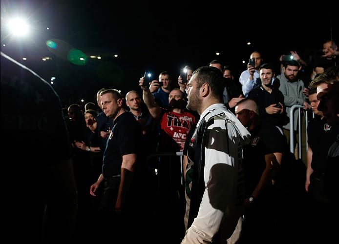 ZAGREB, CROATIA - APRIL 10:   Gabriel Gonzaga prepares to enter the Octagon before facing Derrick Lewis in their heavyweight bout during the UFC Fight Night event at the Arena Zagreb on April 10, 2016 in Zagreb, Croatia. (Photo by Srdjan Stevanovic/Zuffa 