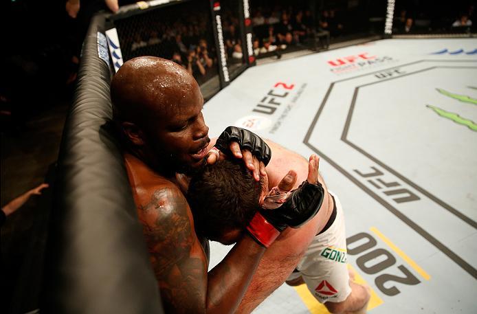 ZAGREB, CROATIA - APRIL 10:   (R-L) Gabriel Gonzaga pushes Derrick Lewis up against the cage in their heavyweight bout during the UFC Fight Night event at the Arena Zagreb on April 10, 2016 in Zagreb, Croatia. (Photo by Srdjan Stevanovic/Zuffa LLC/Zuffa L