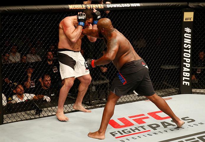 ZAGREB, CROATIA - APRIL 10:   (R-L) Derrick Lewis punches Gabriel Gonzaga in their heavyweight bout during the UFC Fight Night event at the Arena Zagreb on April 10, 2016 in Zagreb, Croatia. (Photo by Srdjan Stevanovic/Zuffa LLC/Zuffa LLC via Getty Images