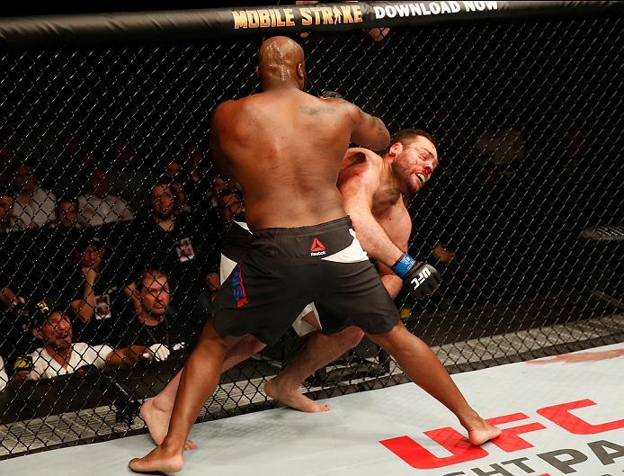 ZAGREB, CROATIA - APRIL 10:   (L-R) Derrick Lewis knocks out Gabriel Gonzaga in their heavyweight bout during the UFC Fight Night event at the Arena Zagreb on April 10, 2016 in Zagreb, Croatia. (Photo by Srdjan Stevanovic/Zuffa LLC/Zuffa LLC via Getty Ima