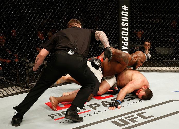 ZAGREB, CROATIA - APRIL 10:   Derrick Lewis (top) knocks out Gabriel Gonzaga in their heavyweight bout during the UFC Fight Night event at the Arena Zagreb on April 10, 2016 in Zagreb, Croatia. (Photo by Srdjan Stevanovic/Zuffa LLC/Zuffa LLC via Getty Ima