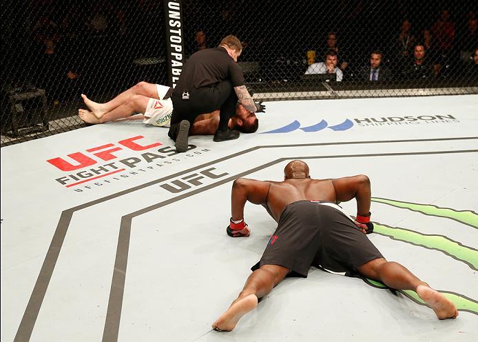 ZAGREB, CROATIA - APRIL 10:   (R-L) Derrick Lewis celebrates his knock out victory over Gabriel Gonzaga in their heavyweight bout during the UFC Fight Night event at the Arena Zagreb on April 10, 2016 in Zagreb, Croatia. (Photo by Srdjan Stevanovic/Zuffa 
