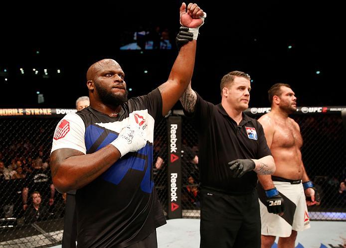 ZAGREB, CROATIA - APRIL 10:   (L-R) Derrick Lewis celebrates his knock out victory over Gabriel Gonzaga in their heavyweight bout during the UFC Fight Night event at the Arena Zagreb on April 10, 2016 in Zagreb, Croatia. (Photo by Srdjan Stevanovic/Zuffa 