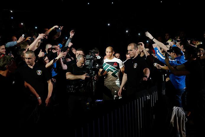 ZAGREB, CROATIA - APRIL 10:   Junior Dos Santos prepares to enter the Octagon before facing Ben Rothwell in their heavyweight bout during the UFC Fight Night event at the Arena Zagreb on April 10, 2016 in Zagreb, Croatia. (Photo by Srdjan Stevanovic/Zuffa