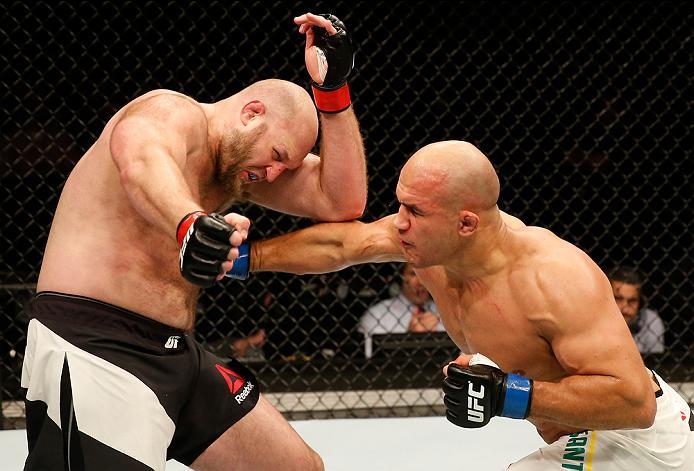 ZAGREB, CROATIA - APRIL 10:   (R-L) Junior Dos Santos punches Ben Rothwell in their heavyweight bout during the UFC Fight Night event at the Arena Zagreb on April 10, 2016 in Zagreb, Croatia. (Photo by Srdjan Stevanovic/Zuffa LLC/Zuffa LLC via Getty Image