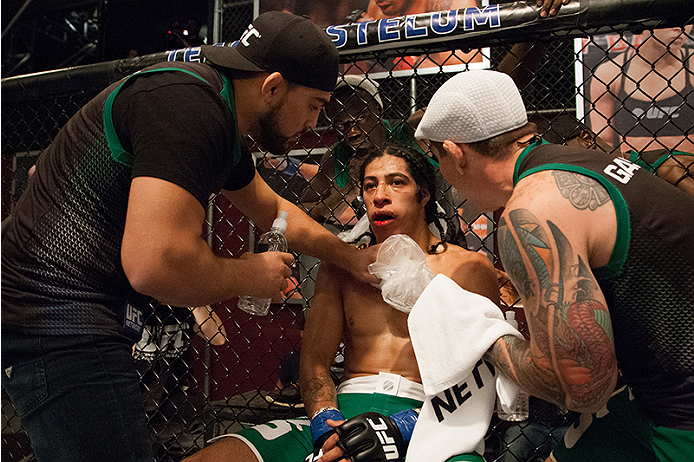 LAS VEGAS, NV - MARCH 27:  Danny Salas sits in his corner in between rounds while facing Horacio Gutierrez during the filming of The Ultimate Fighter Latin America: Team Gastelum vs Team Escudero  on March 27, 2015 in Las Vegas, Nevada. (Photo by Brandon 