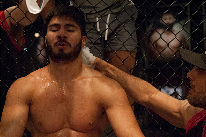 LAS VEGAS, NV - MARCH 27: Horacio Gutierrez sits in his corner in between rounds while fighting Danny Salas during the filming of The Ultimate Fighter Latin America: Team Gastelum vs Team Escudero on March 27, 2015 in Las Vegas, Nevada. (Photo by Brando