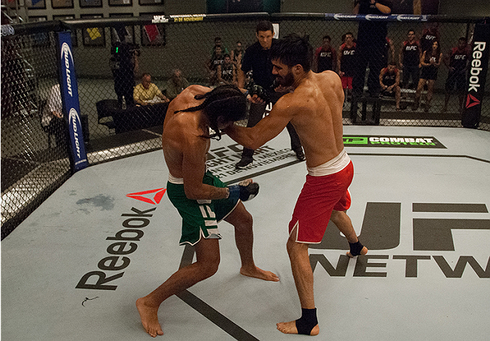 LAS VEGAS, NV - MARCH 27:  (R-L) Horacio Gutierrez punches Danny Salas during the filming of The Ultimate Fighter Latin America: Team Gastelum vs Team Escudero  on March 27, 2015 in Las Vegas, Nevada. (Photo by Brandon Magnus/Zuffa LLC/Zuffa LLC via Getty