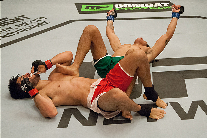 LAS VEGAS, NV - MARCH 27:  Danny Salas at the end of the round after fighting Horacio Gutierrez during the filming of The Ultimate Fighter Latin America: Team Gastelum vs Team Escudero  on March 27, 2015 in Las Vegas, Nevada. (Photo by Brandon Magnus/Zuff