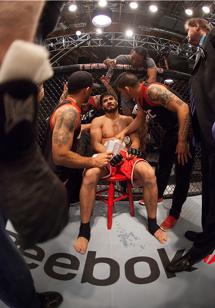 LAS VEGAS, NV - MARCH 27: Horacio Gutierrez sits in his corner after fighting Danny Salas during the filming of The Ultimate Fighter Latin America: Team Gastelum vs Team Escudero on March 27, 2015 in Las Vegas, Nevada. (Photo by Brandon Magnus/Zuffa LLC