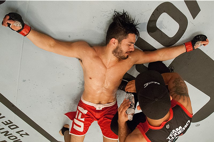 LAS VEGAS, NV - MARCH 27: Horacio Gutierrez reacts after his victory over Danny Salas during the filming of The Ultimate Fighter Latin America: Team Gastelum vs Team Escudero on March 27, 2015 in Las Vegas, Nevada. (Photo by Brandon Magnus/Zuffa LLC/Zuf