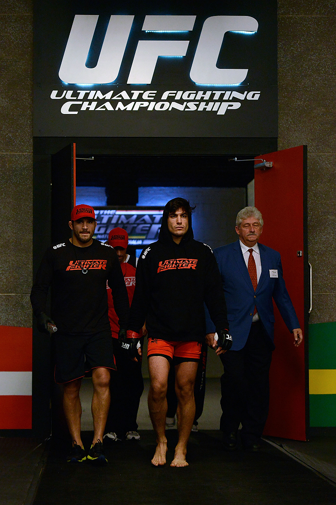 LACHUTE, CANADA - DECEMBER 6: Team Canada fighter Elias Theodorou enters the arena before facing Team Australia fighter Tyler Manawaroa in their semifinal middleweight fight during filming of The Ultimate Fighter Nations television series on December 6,