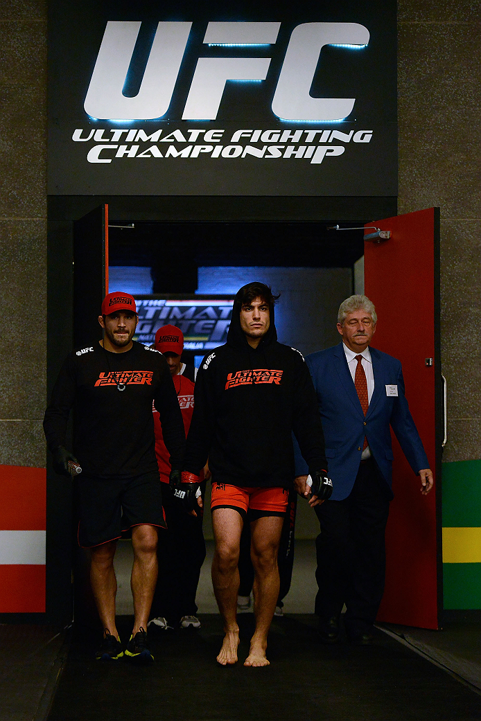 LACHUTE, CANADA - DECEMBER 6:  Team Canada fighter Elias Theodorou enters the arena before facing Team Australia fighter Tyler Manawaroa in their semifinal middleweight fight during filming of The Ultimate Fighter Nations television series on December 6, 