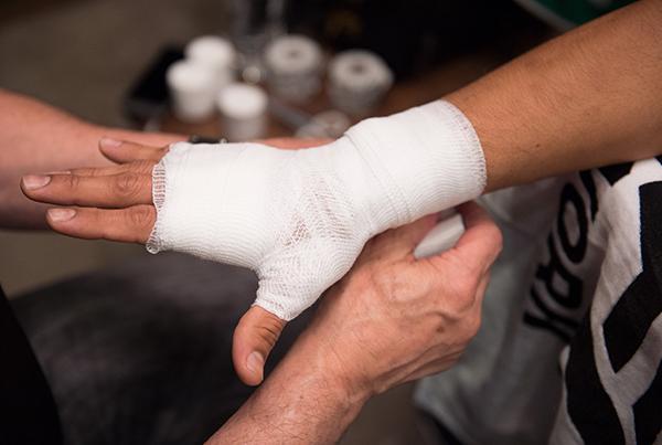 LAS VEGAS, NV - APRIL 21: Enrique Marin gets his hands wrapped before facing Hector Aldana in the semi-finals during the filming of The Ultimate Fighter Latin America: Team Gastelum vs Team Escudero on April 21, 2015 in Las Vegas, Nevada. (Photo by Bran